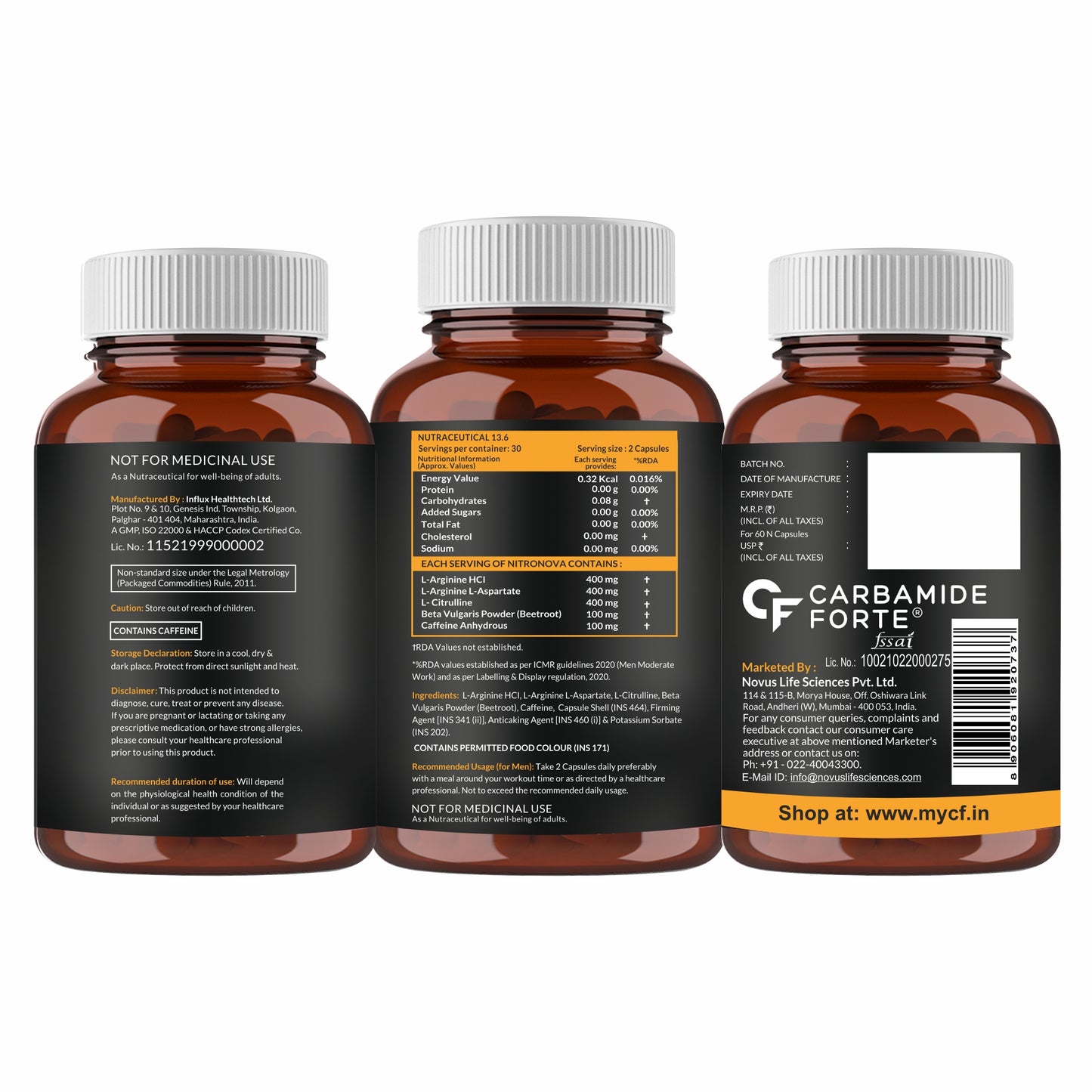 Carbamide Forte Nitric Oxide Supplement for Adults 1200mg with L-Arginine HCL, AAKG, L Citrulline Malate, Beet Root Extract & Caffeine,Veg Capsules 60 Count