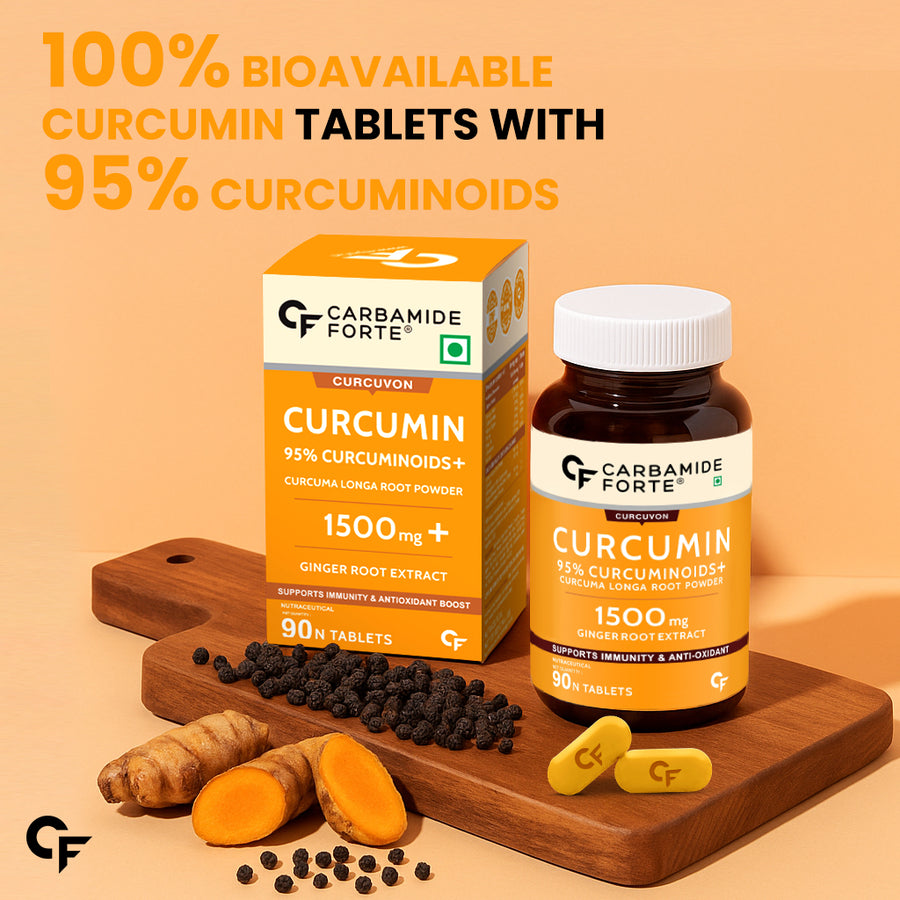 Carbamide Forte Curcumin Tablets with Piperine and 95% Curcuminoids | Anti inflammatory Supplement for Adults | With Curcuma Longa, Turmeric & Ginger Root extract | 90 Veg Tablets