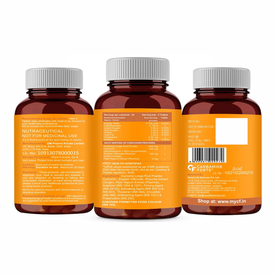 Carbamide Forte Curcumin Tablets with Piperine and 95% Curcuminoids | Anti inflammatory Supplement for Adults | With Curcuma Longa, Turmeric & Ginger Root extract | 90 Veg Tablets