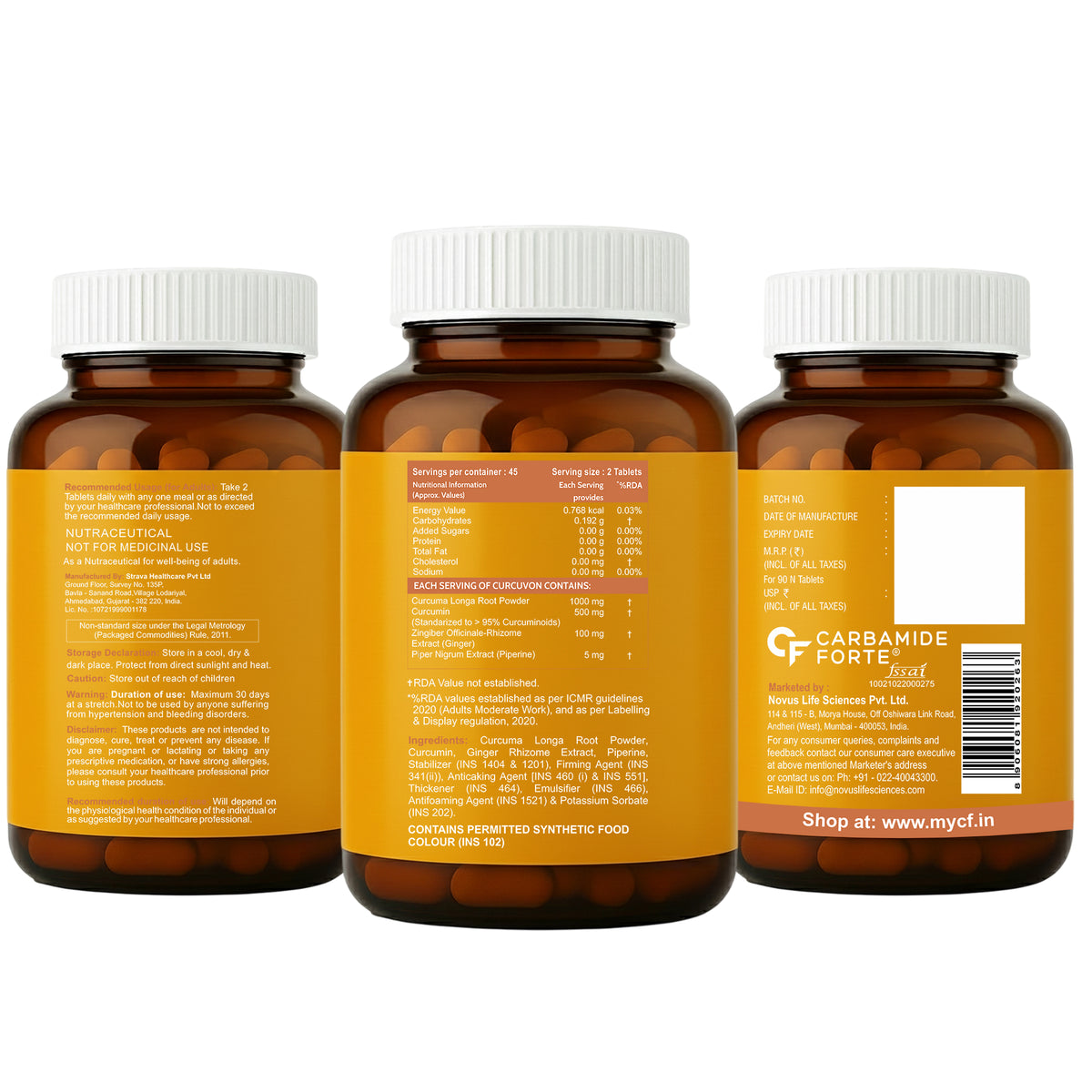 Curcumin 95% + Piperine 10 mg | 90 Veg Tablets - Carbamide Forte