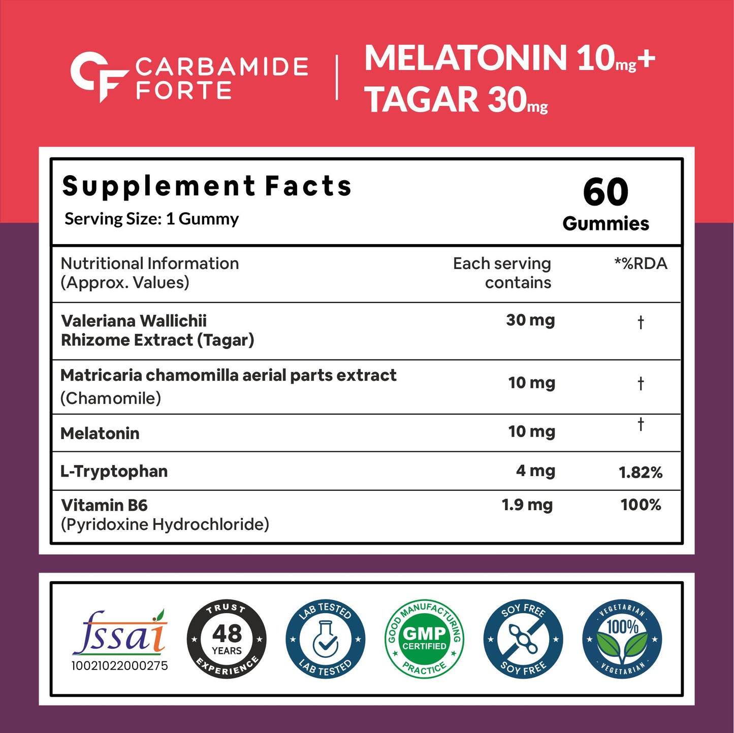 Carbamide Forte Melatonin 10 mg sleep Gummies - with TAGARA, L Tryptophan & Vitamin B6 | Sleep Supplements – 60 Veg Gummies
