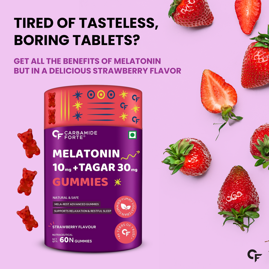 Carbamide Forte Melatonin 10 mg sleep Gummies - with TAGARA, L Tryptophan & Vitamin B6 | Sleep Supplements – 60 Veg Gummies