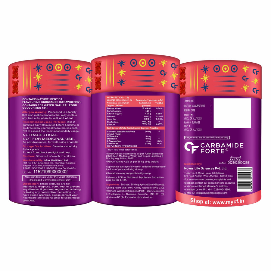 Carbamide Forte Melatonin 10 mg sleep Gummies - with TAGARA, L Tryptophan & Vitamin B6 | Sleep Supplements – 60 Veg Gummies
