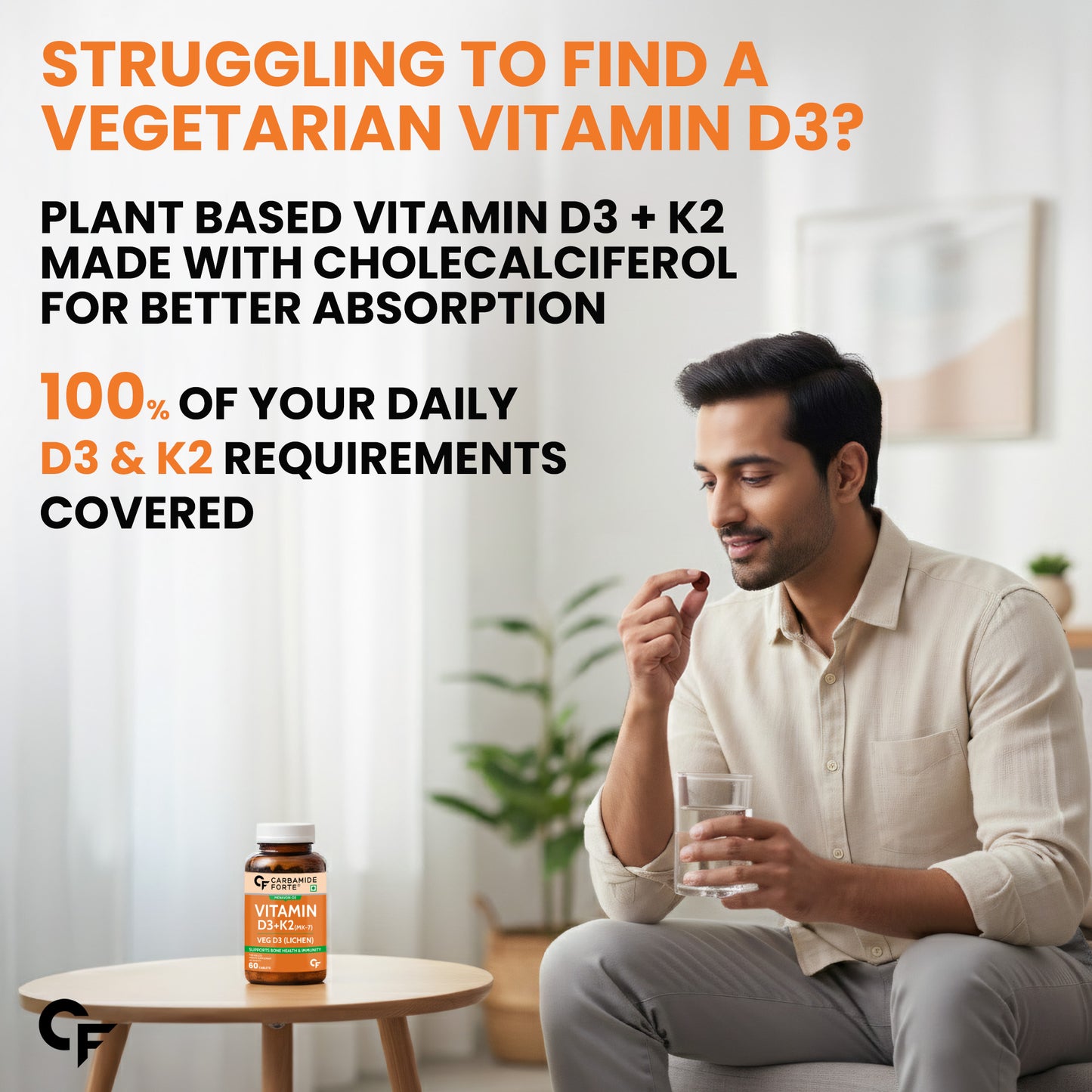 Vitamin D3 + K2 Supplement – For Strong Bones & Heart Wellness (120 Counts)