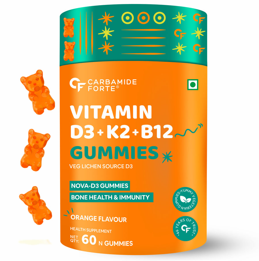 Carbamide Forte Vitamin D3 K2 MK7 & Vitamin B12 Gummies | Vitamin B12 supplements | vitamin K2 mk7, Vitamin D3 supplement & b12 vitamin supplement for bone health & Immunity |D3k2 & b12 gummies for Women, Men & Kids | Mango Flavoured - 60 Veg Gummies