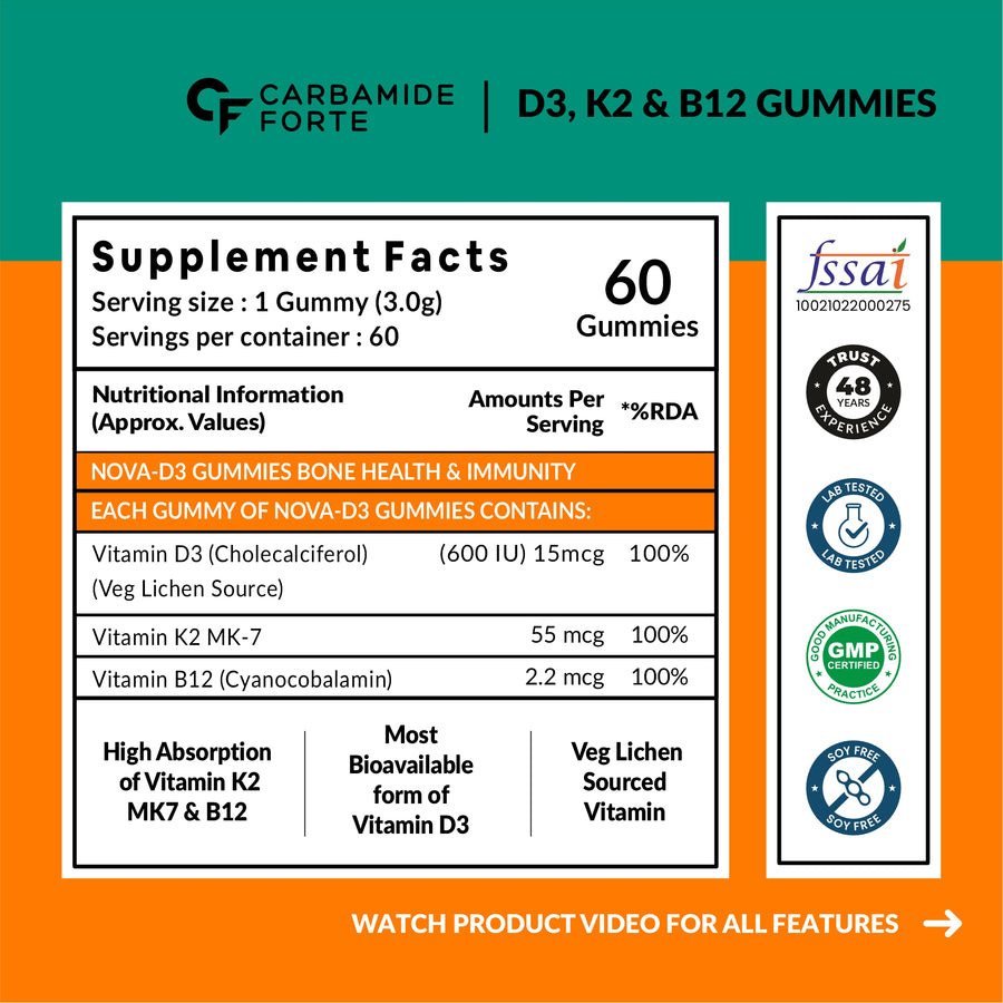 Carbamide Forte Vitamin D3 K2 MK7 & Vitamin B12 Gummies | Vitamin B12 supplements | vitamin K2 mk7, Vitamin D3 supplement & b12 vitamin supplement for bone health & Immunity |D3k2 & b12 gummies for Women, Men & Kids | Mango Flavoured - 60 Veg Gummies