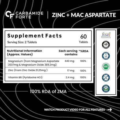Carbamide Forte ZMA and Zinc Supplement for Men | Zinc and Magnesium Supplements with Vitamin B6 | Zinc tablets May Support Muscle Recovery and Sleep Quality | 60 Tablets