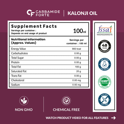 Carbamide Forte Kalonji Oil Cold Pressed | Black Seed Oil for Hair Growth - Edible | 100 ml
