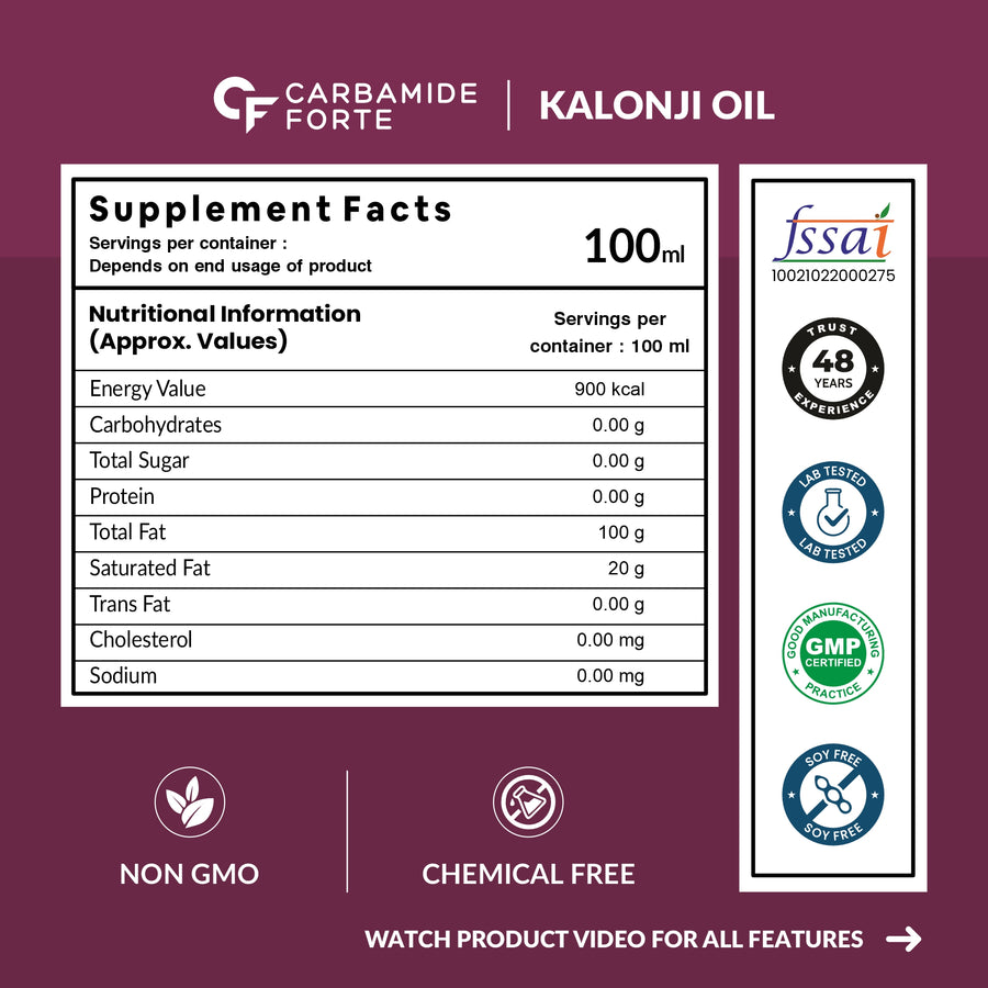 Carbamide Forte Kalonji Oil Cold Pressed | Black Seed Oil for Hair Growth - Edible | 100 ml