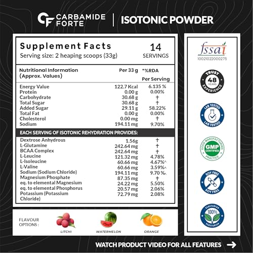 Carbamide Forte Isotonic Powder | Instant Energy Drink for Workout |  Electrolyte Powder with added BCAA & L Glutamine - Litchi Flavour - 500g