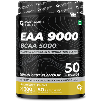 Carbamide Forte Eaa Supplement With Bcaa 5000Mg | Eaa intra workout Supplement For Men & Women With Hydration Blend & Vitamins – Lemon Zest Flavour - 50 Servings - Powder 300G