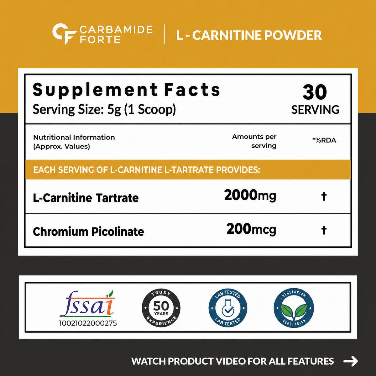 L-Carnitine Tartrate 2000mg Powder – Pre & Post Workout Supplement