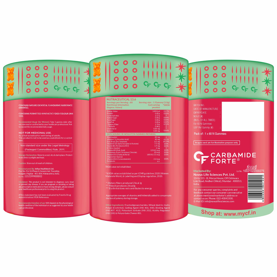 Carbamide Forte PCOS Supplements for Women with 40:1 Ratio of Myo Inositol to D Chiro Inositol | Inositol Supplement for PCOS - 60 Veg Orange Flavoured Gummies