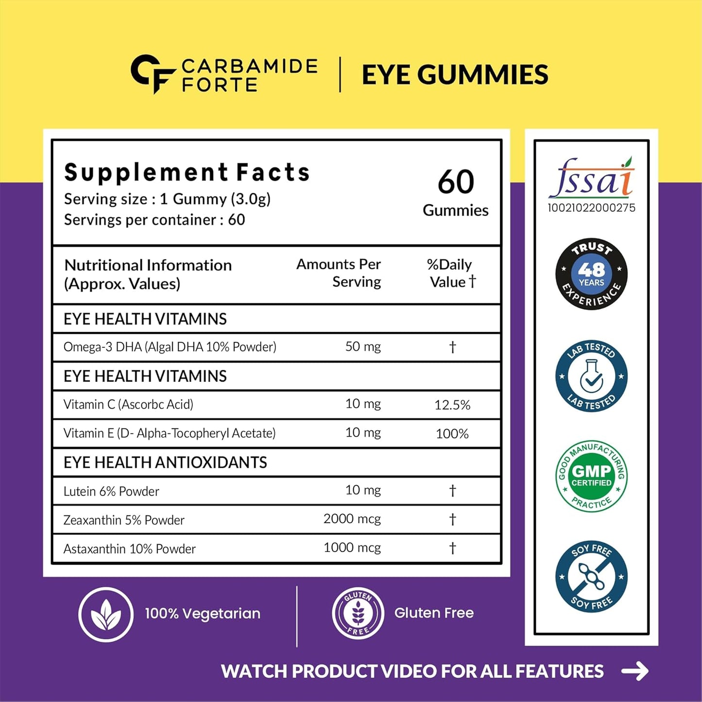 Carbamide Forte Eye Supplement Gummies | Lutein and Zeaxanthin Supplements For Women & Men | Lutein 10mg, Zeaxanthin 2mg & Astaxanthin 2mg | Eye Supplements to Improve Vision | 60 Veg Eye Gummies