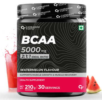 Carbamide Forte BCAA Powder 5000mg | BCAA Supplement For Women & Men Muscle Growth | BCAA Pre Workout & BCAA Intra Workout Supplement For Muscle Recovery | BCAA Supplements For Men & Women 7g Serving with Ideal 2:1:1 Ratio | BCAA Watermelon Flavour - 210g