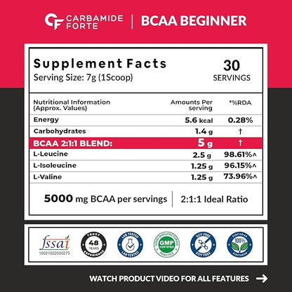 Carbamide Forte BCAA Powder 5000mg Watermelon Flavor | BCAA Supplement For Women & Men Muscle Growth | BCAA Pre Workout & BCAA Intra Workout Supplement For Muscle Recovery | BCAA Supplements For Men & Women 7g Serving with Ideal 2:1:1 Ratio