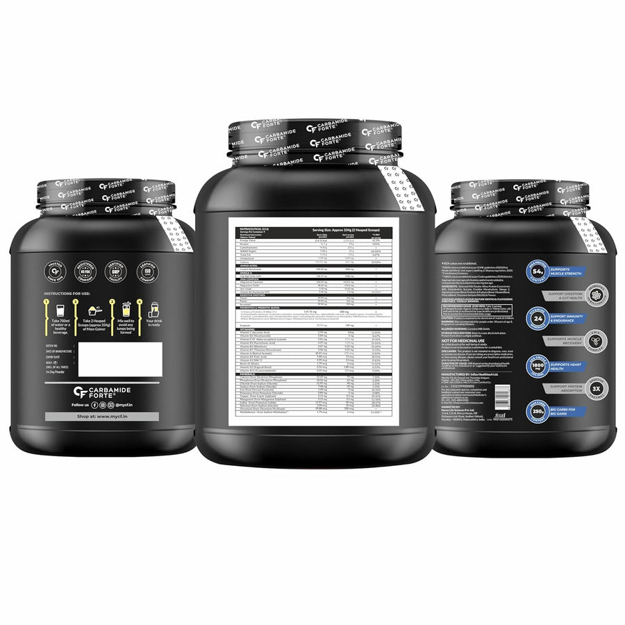 Carbamide Forte Mass Gainer With 54G Protein, 250G Carbs, Multivitamin, Zma & Creatine 3G Powder- Vanilla Banana Flavour Weight Gainer - 3 Kg