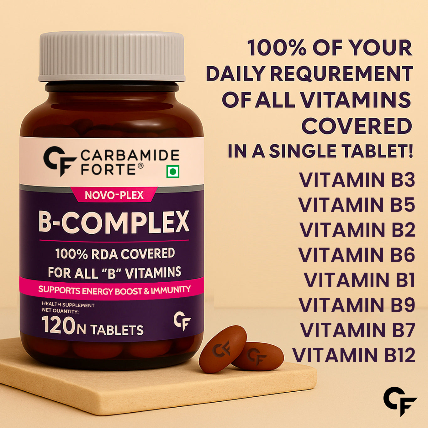Carbamide Forte Vitamin B-Complex Tablets - 100% RDA for B Vitamins with B1, B2, B3, B5, B6, B9 & Vitamin B12 | Vitamin B Complex Supplements for Women & Men - 120 Vegetarian Tablets