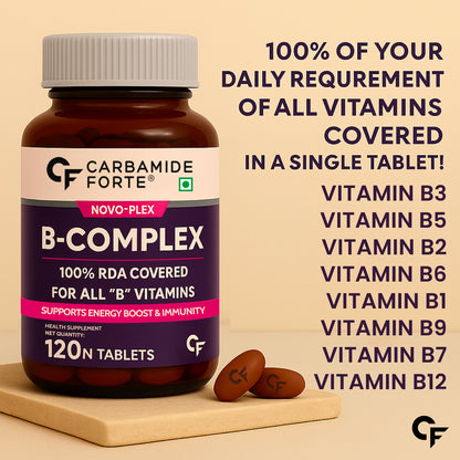 Carbamide Forte Vitamin B-Complex Tablets - 100% RDA for B Vitamins with B1, B2, B3, B5, B6, B9 & Vitamin B12 | Vitamin B Complex Supplements for Women & Men - 120 Vegetarian Tablets