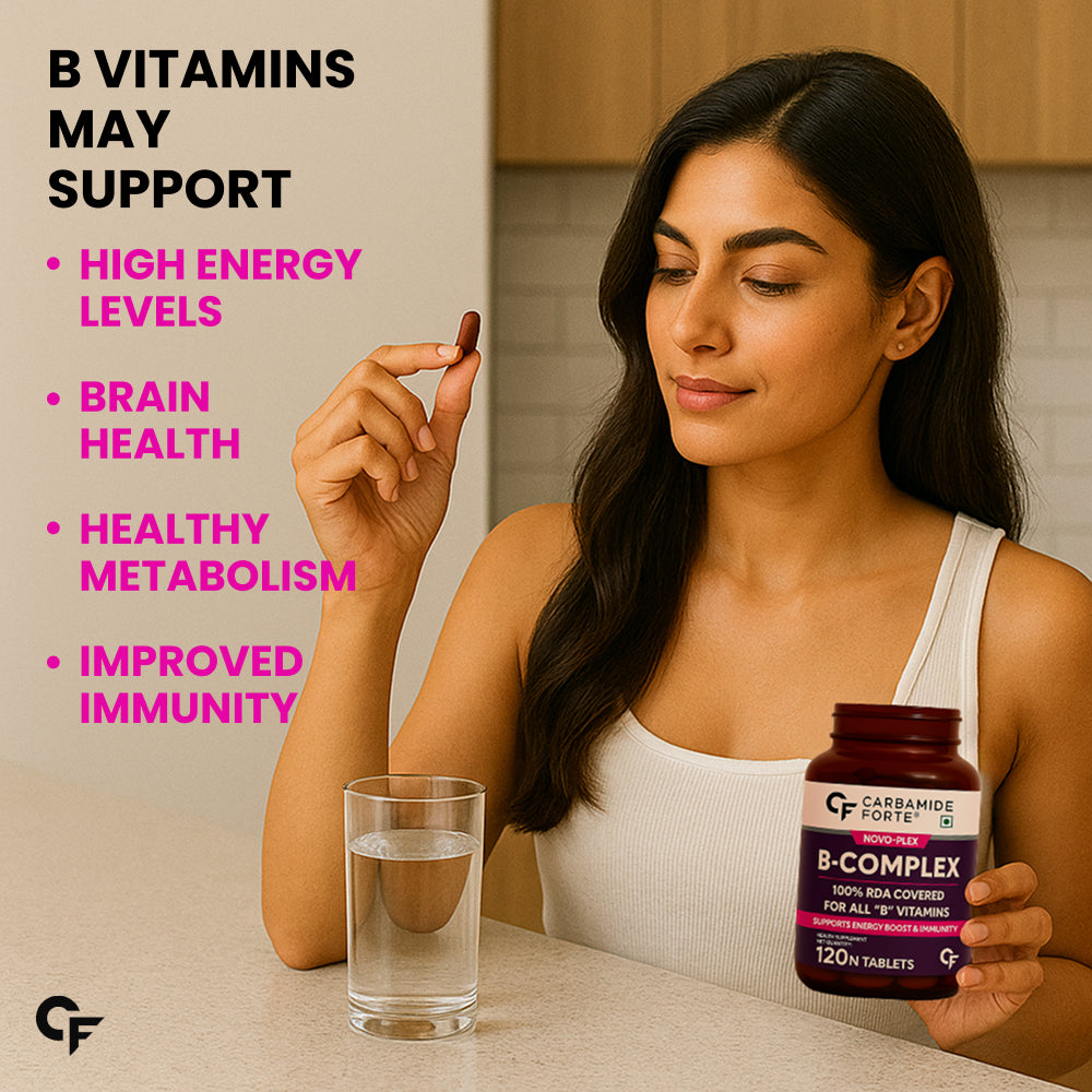 Carbamide Forte Vitamin B-Complex Tablets - 100% RDA for B Vitamins with B1, B2, B3, B5, B6, B9 & Vitamin B12 | Vitamin B Complex Supplements for Women & Men - 120 Vegetarian Tablets