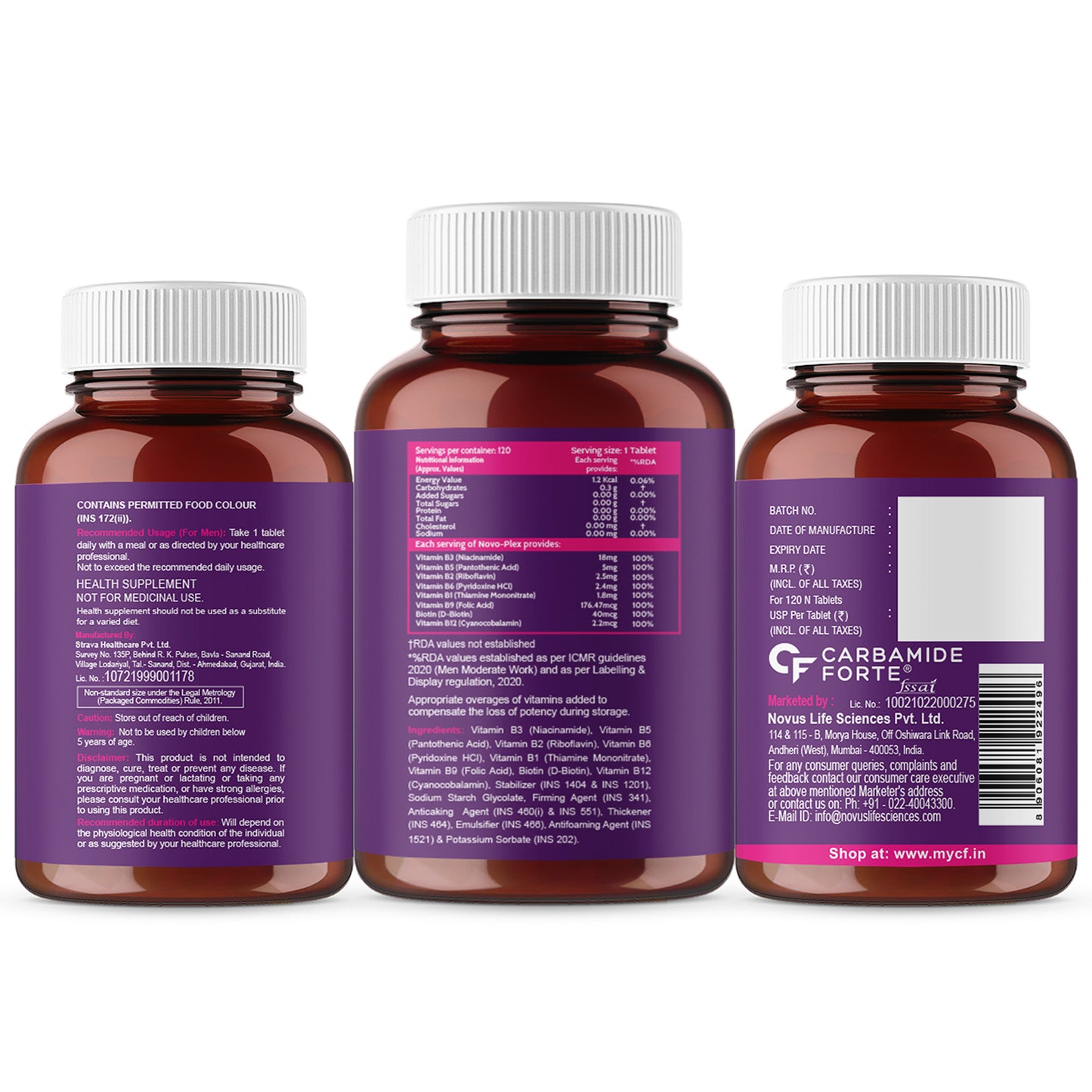 Carbamide Forte Vitamin B-Complex Tablets - 100% RDA for B Vitamins with B1, B2, B3, B5, B6, B9 & Vitamin B12 | Vitamin B Complex Supplements for Women & Men - 120 Vegetarian Tablets