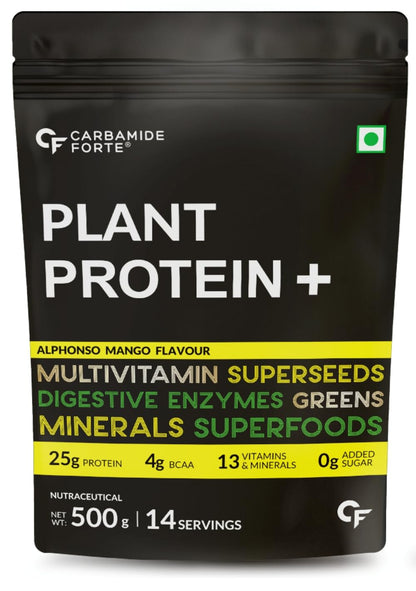 Carbamide Forte Vegan Protein Powder - Plant Based Protein Powder with Multivitamin, Minerals, Superfoods, Pea Protein, Digestive Enzymes | Plant Protein Powder - Alphonso Mango Flavour - 500g