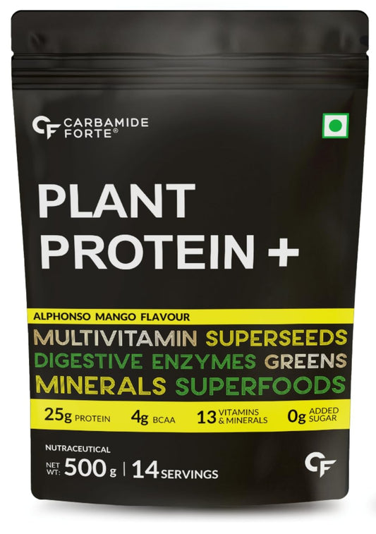 Carbamide Forte Vegan Protein Powder - Plant Based Protein Powder with Multivitamin, Minerals, Superfoods, Pea Protein, Digestive Enzymes | Plant Protein Powder - Alphonso Mango Flavour - 500g
