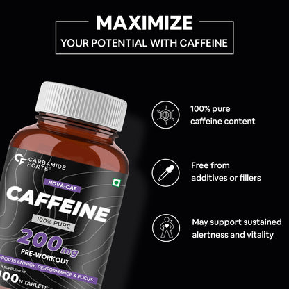 Carbamide Forte Caffeine Tablets | Pre Workout For Men & Women | 200mg Caffeine Pills | Gym Supplement for Men and Women | 100 Veg Tablets For Pre Workout