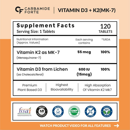 Vitamin D3 + K2 MK7 for Bone & Heart Health Support | 10 Tablets