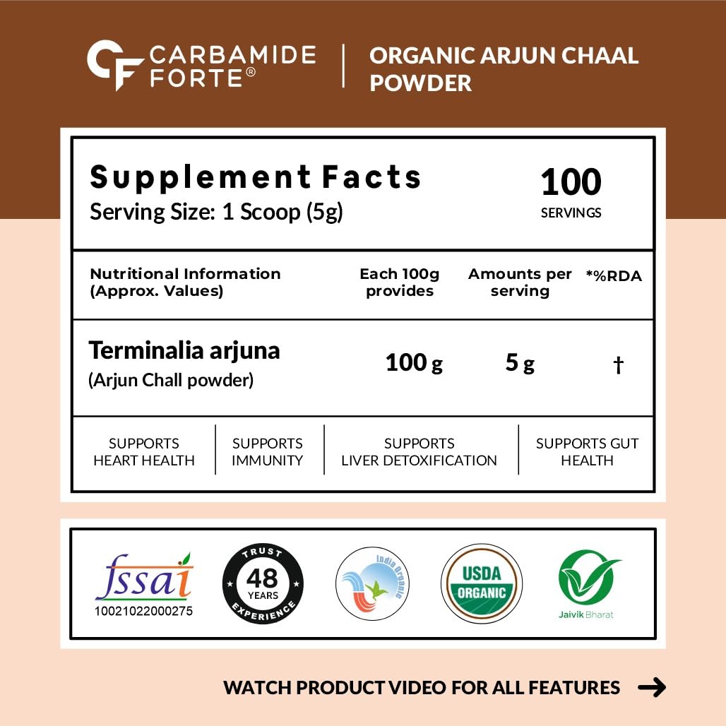 Carbamide Forte Arjun Chaal Powder-500G|100% Natural & Pure Herbal Arjun Ki Chaal Powder For Men & Women|To Support Heart Health & Promote Good Cholesterol