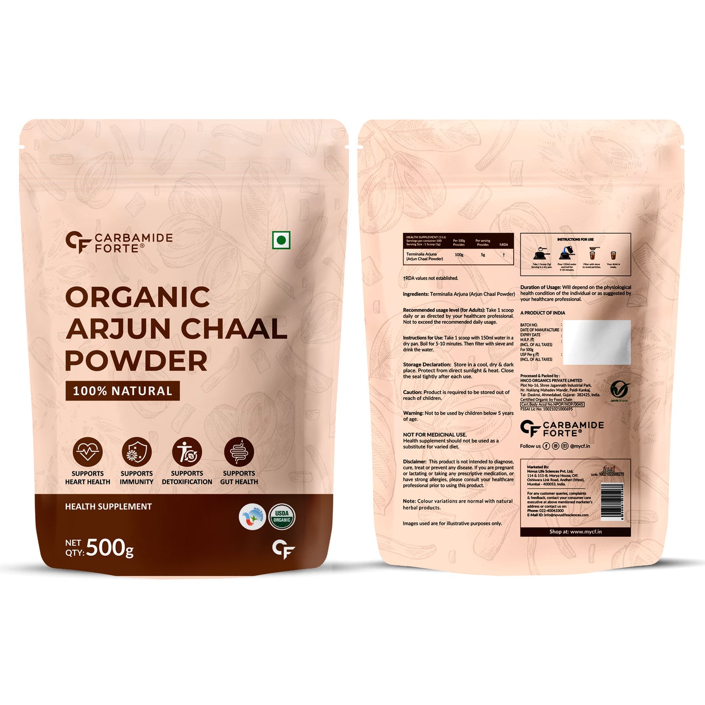 Carbamide Forte Arjun Chaal Powder-500G|100% Natural & Pure Herbal Arjun Ki Chaal Powder For Men & Women|To Support Heart Health & Promote Good Cholesterol