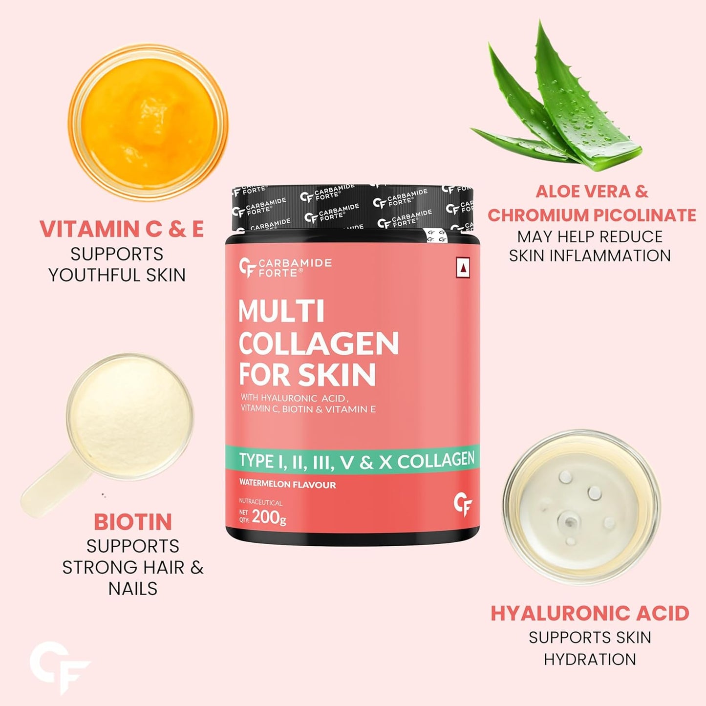 Hydrolyzed Multi Collagen Powder (Type I, II, III, V, X) – Marine-Sourced, Watermelon – 200 g for Skin, Hair & Joint Support