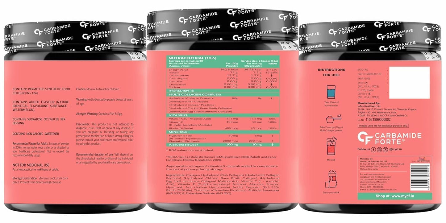 Hydrolyzed Multi Collagen Powder (Type I, II, III, V, X) – Marine-Sourced, Watermelon – 200 g for Skin, Hair & Joint Support