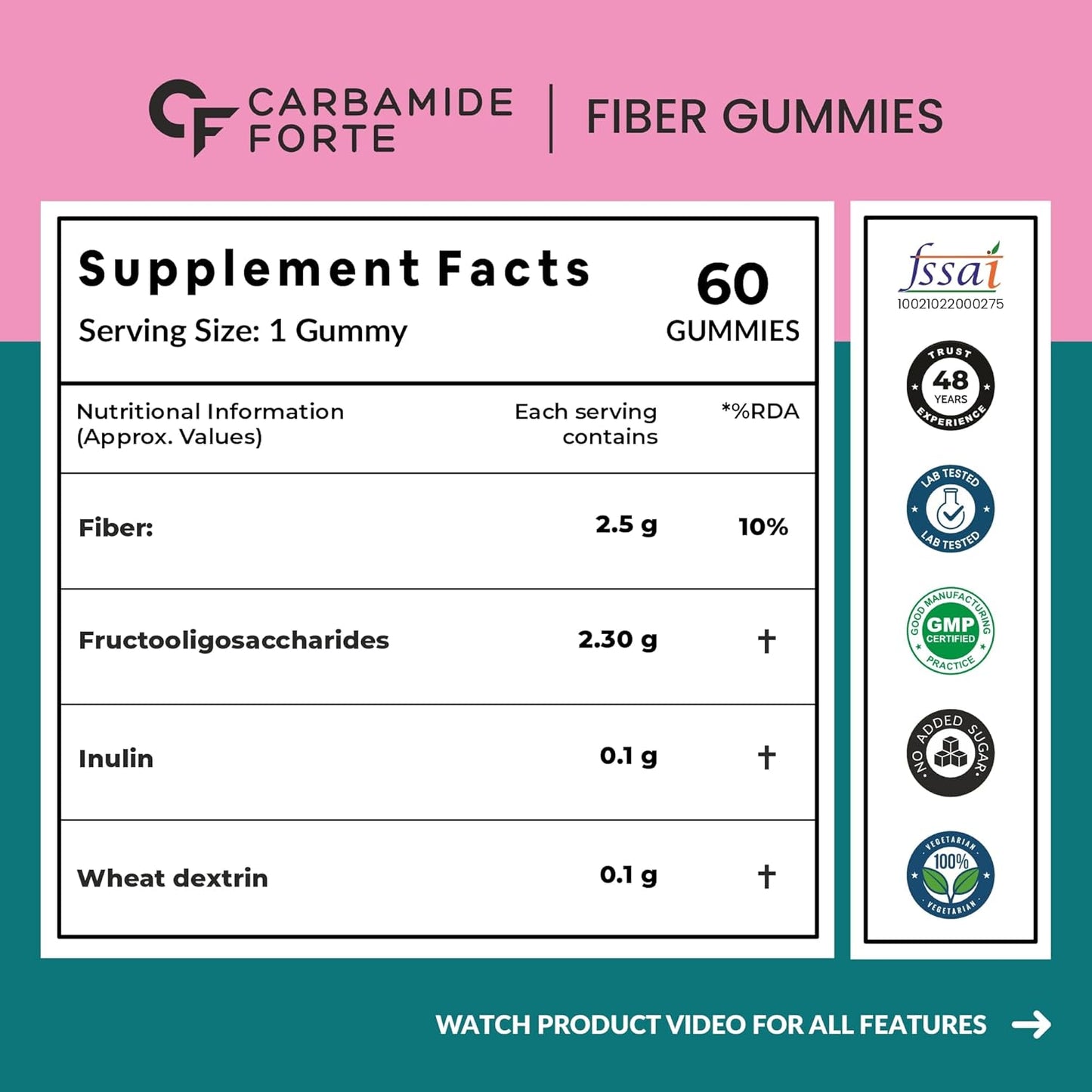 Carbamide Forte Fiber Gummies | Daily Fiber Supplement | Dietary Supplements For Constipation | Healthy Digestion, Weight & Blood Sugar Management | 60 Veg Apple Flavoured Gummies