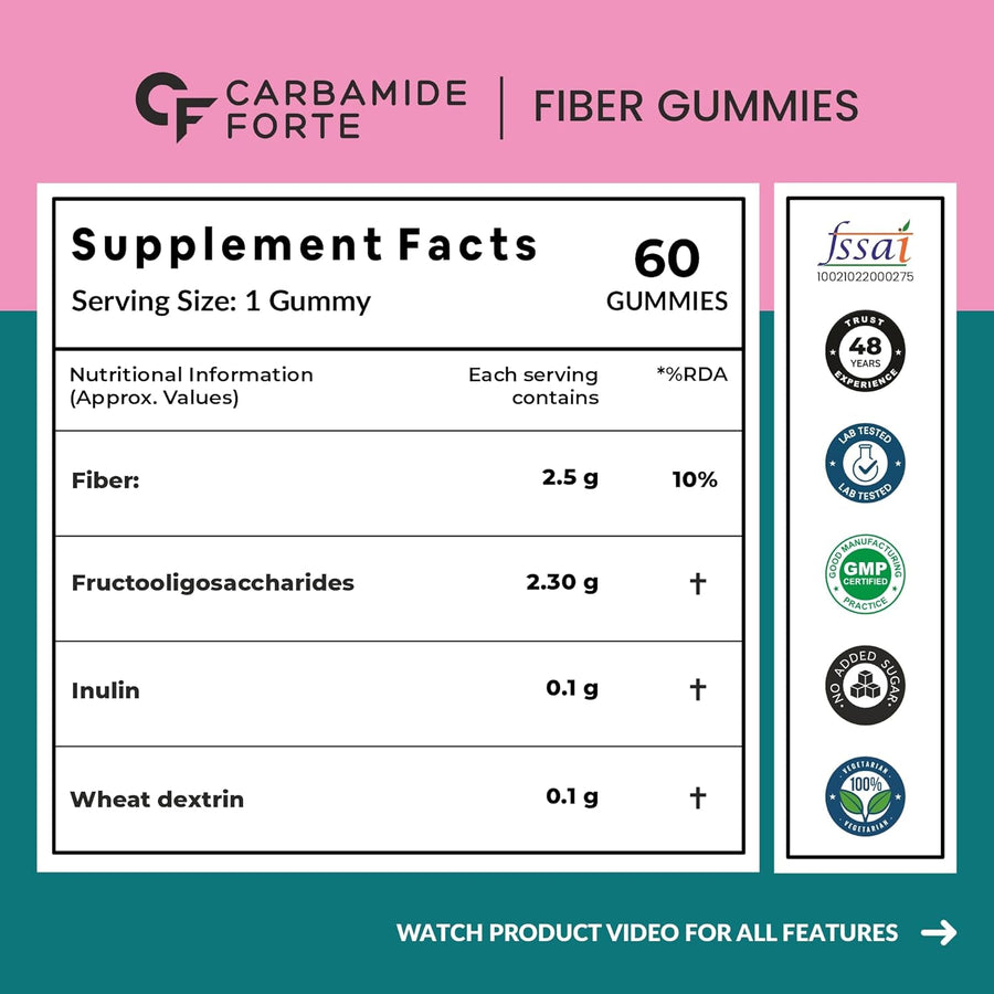 Carbamide Forte Fiber Gummies | Daily Fiber Supplement | Dietary Supplements For Constipation | Healthy Digestion, Weight & Blood Sugar Management | 60 Veg Apple Flavoured Gummies