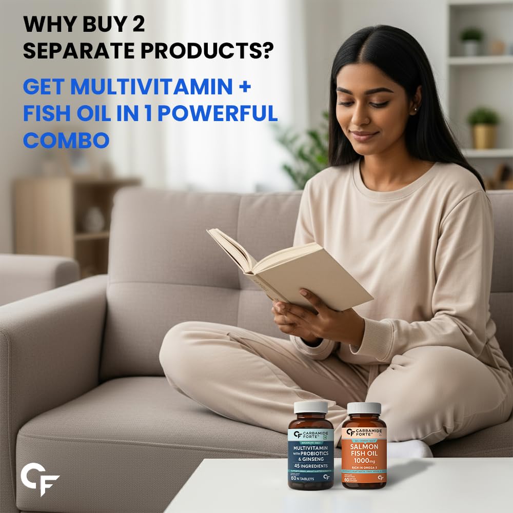 Salmon Fish Oil Omega 3 Capsule 1000mg and Multivitamin Tablets Combo | 60 Tablets + 60 Softgels - Carbamide Forte