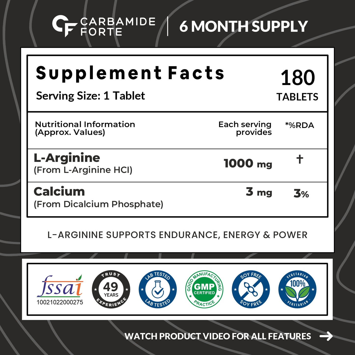 Carbamide Forte L Arginine 1000 mg | l-Arginine Supplements For Man | Boosts Nitric Oxide Production | Improved Oxygen Flow -Veg 180 Tablets