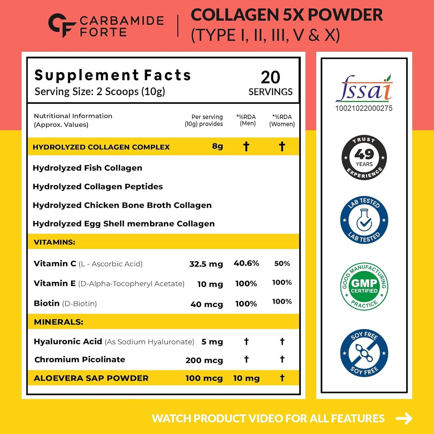 Multi Collagen Powder with 5 Types of Collagen Peptides (Type I, II, III, V, X) | Peach Mango Flavour