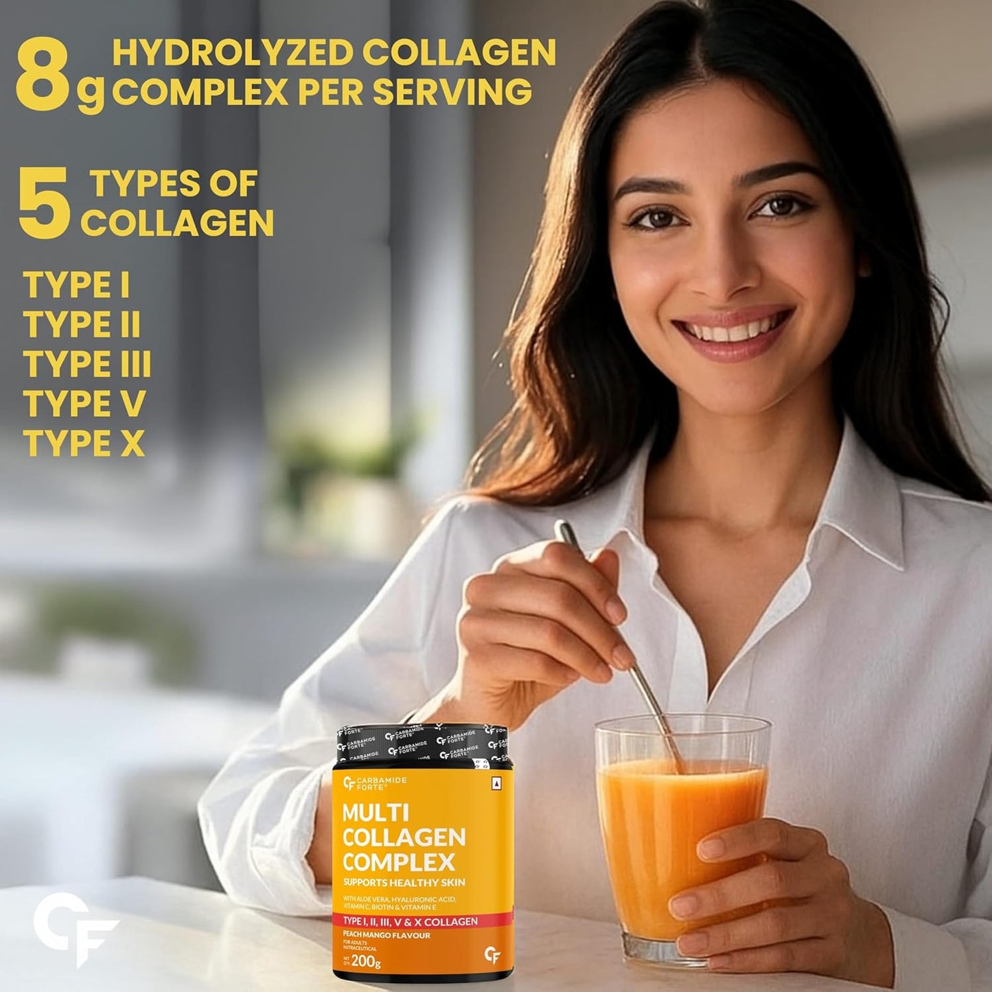 Multi Collagen Powder with 5 Types of Collagen Peptides (Type I, II, III, V, X) | Peach Mango Flavour