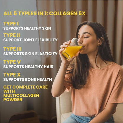 Multi Collagen Powder with 5 Types of Collagen Peptides (Type I, II, III, V, X) | Peach Mango Flavour
