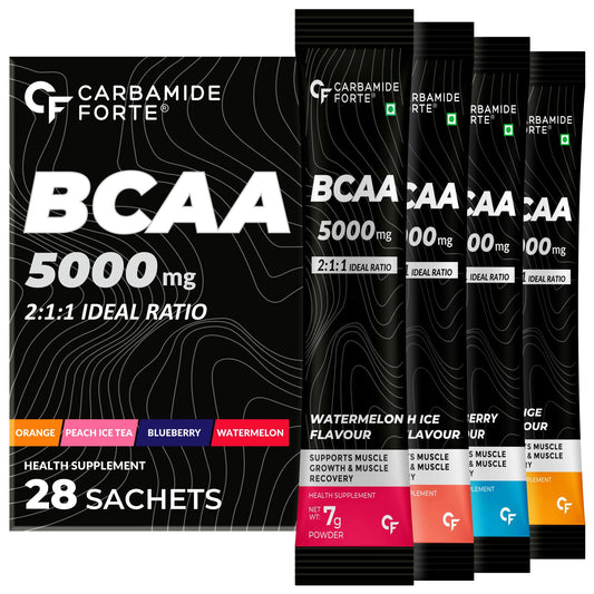 Carbamide Forte BCAA Powder 5000mg 28 Sachets | BCAA Supplements For Women & Men Muscle Growth | 4 Flavors BCAA - Pack Of 28 BCAA Sachets