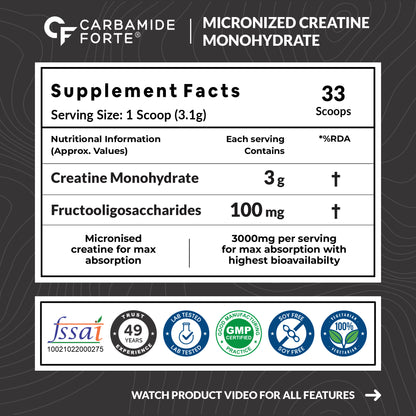 Carbamide Forte Monohydrate Creatine Powder | Micronized Monohydrate 103gm | Creatine Monohydrate Supplement for Lean Muscle, Strength & Energy - Unflavoured - 33 Servings - 103g
