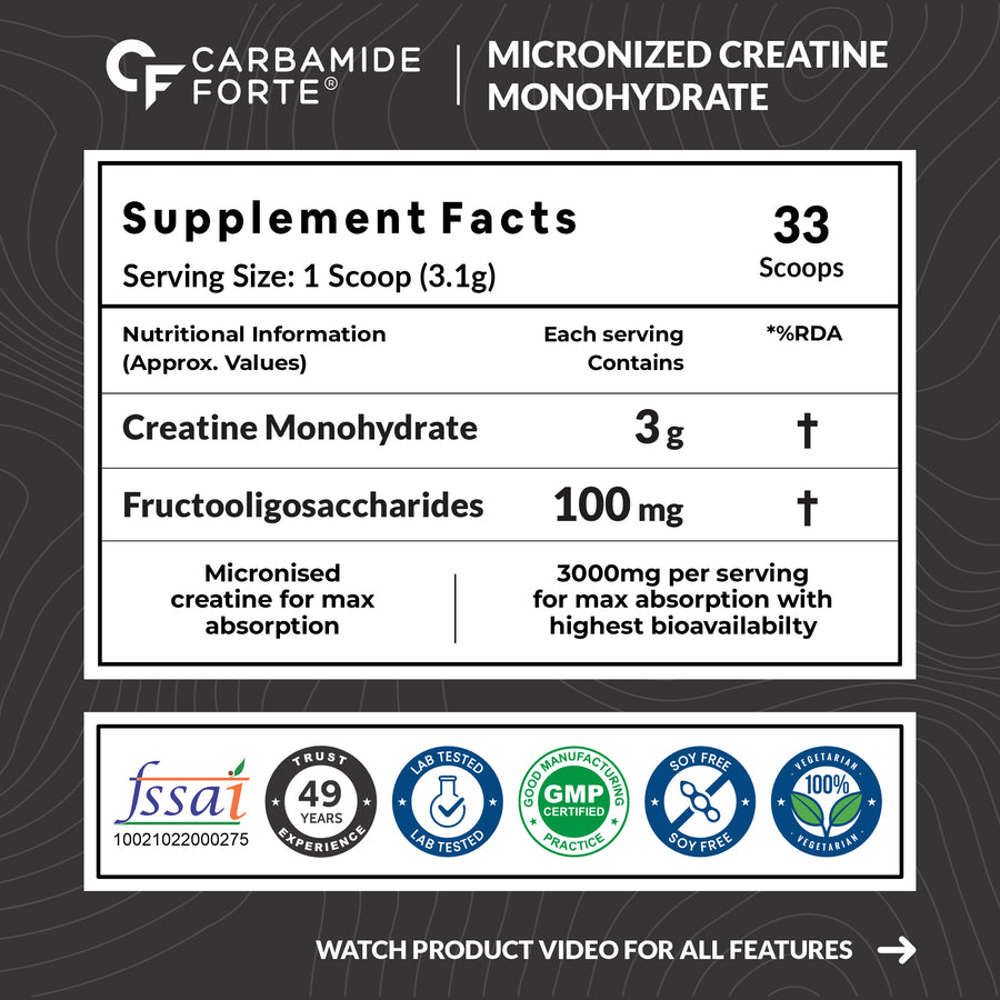 Carbamide Forte Monohydrate Creatine Powder | Micronized Monohydrate 103gm | Creatine Monohydrate Supplement for Lean Muscle, Strength & Energy - Unflavoured - 33 Servings - 103g