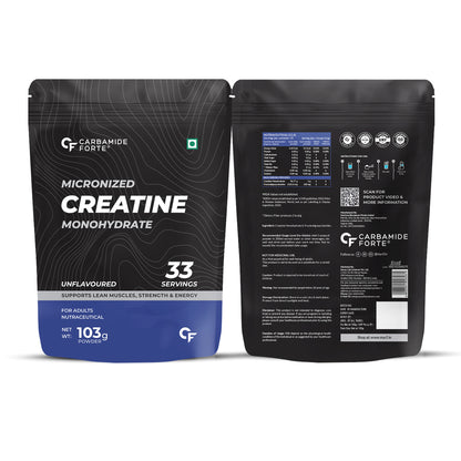 Carbamide Forte Monohydrate Creatine Powder | Micronized Monohydrate 103gm | Creatine Monohydrate Supplement for Lean Muscle, Strength & Energy - Unflavoured - 33 Servings - 103g