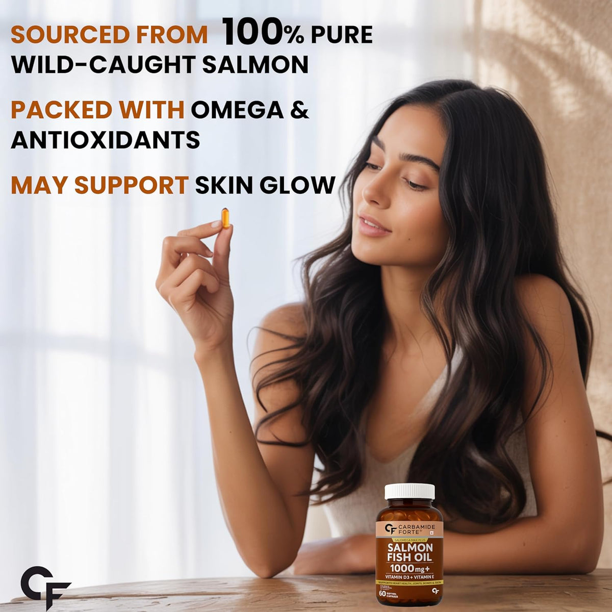 Omega 3 Fish Oil 1000mg with Vitamin D & E – Salmon Fish Oil Softgels (60 Softgels)