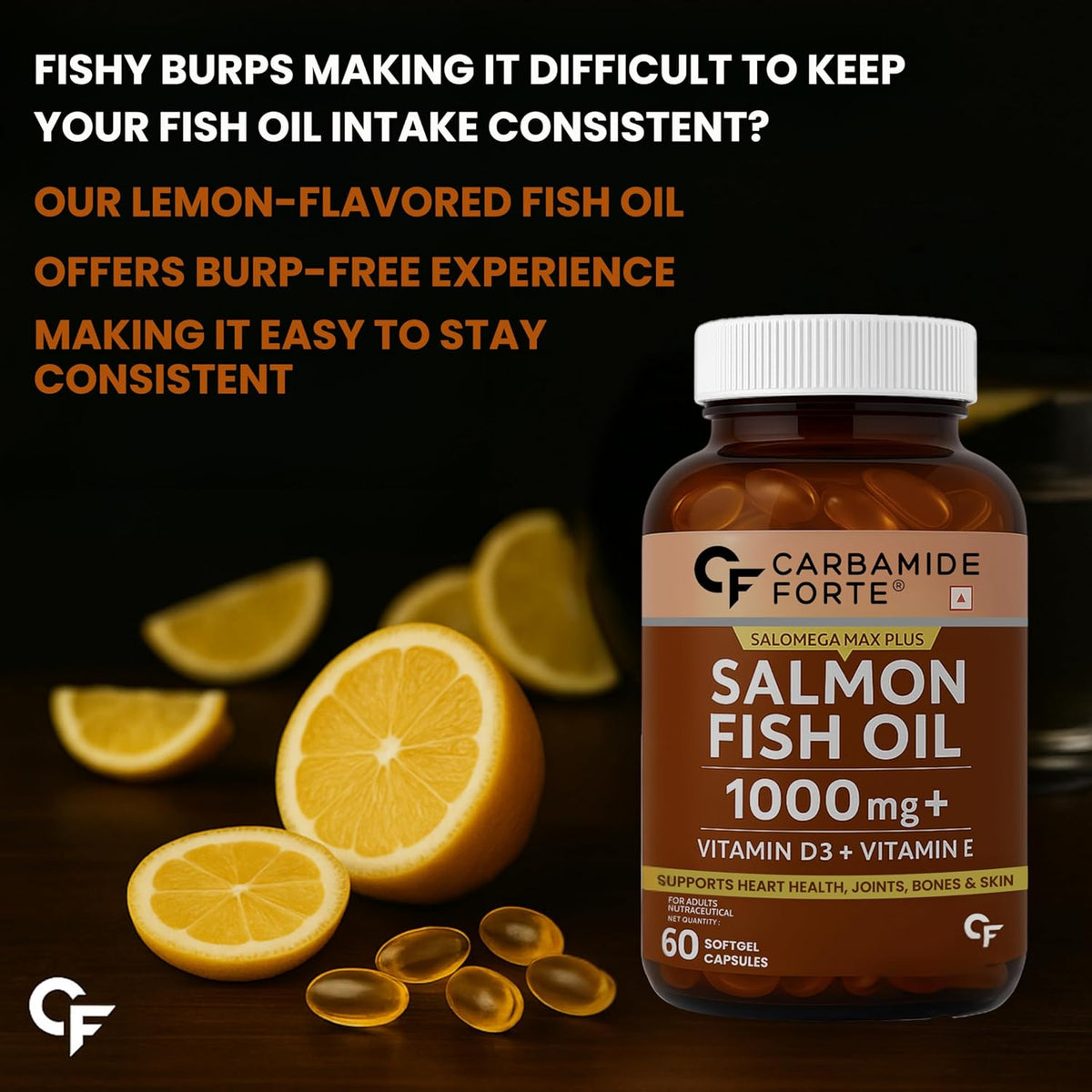 Omega 3 Fish Oil 1000mg with Vitamin D & E – Salmon Fish Oil Softgels (60 Softgels)