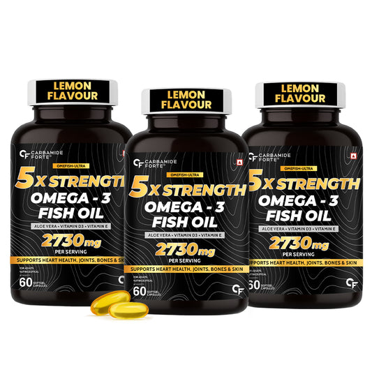 Carbamide Forte 5X Strength Omega 3 fish oil capsules 2730mg with Omega 3 supplement 1590mg and added vitamin A, D, E & Aloevera for Men & Women - Softgel Capsules 60 Count (pack of 3)