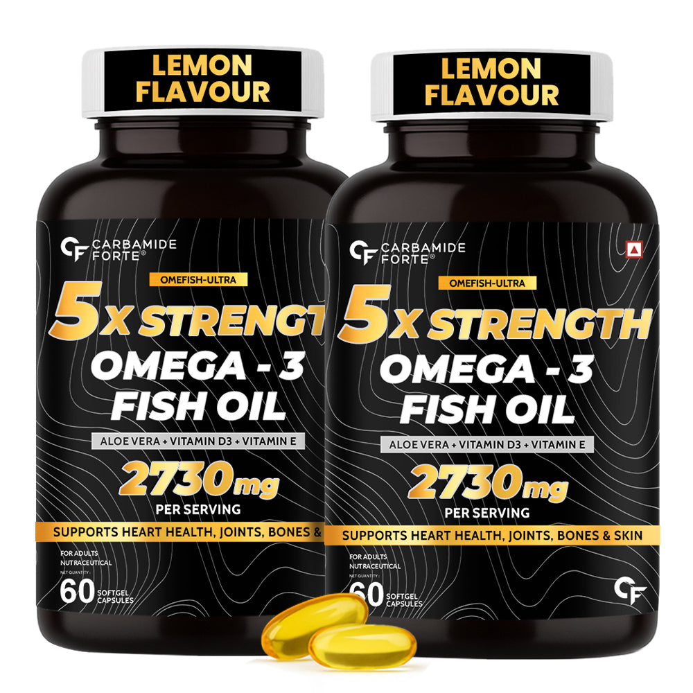 Carbamide Forte 5X Strength Omega 3 fish oil capsules 2730mg with Omega 3 supplement 1590mg and added vitamin A, D, E & Aloevera for Men & Women - Softgel Capsules 60 Count (pack of 2)