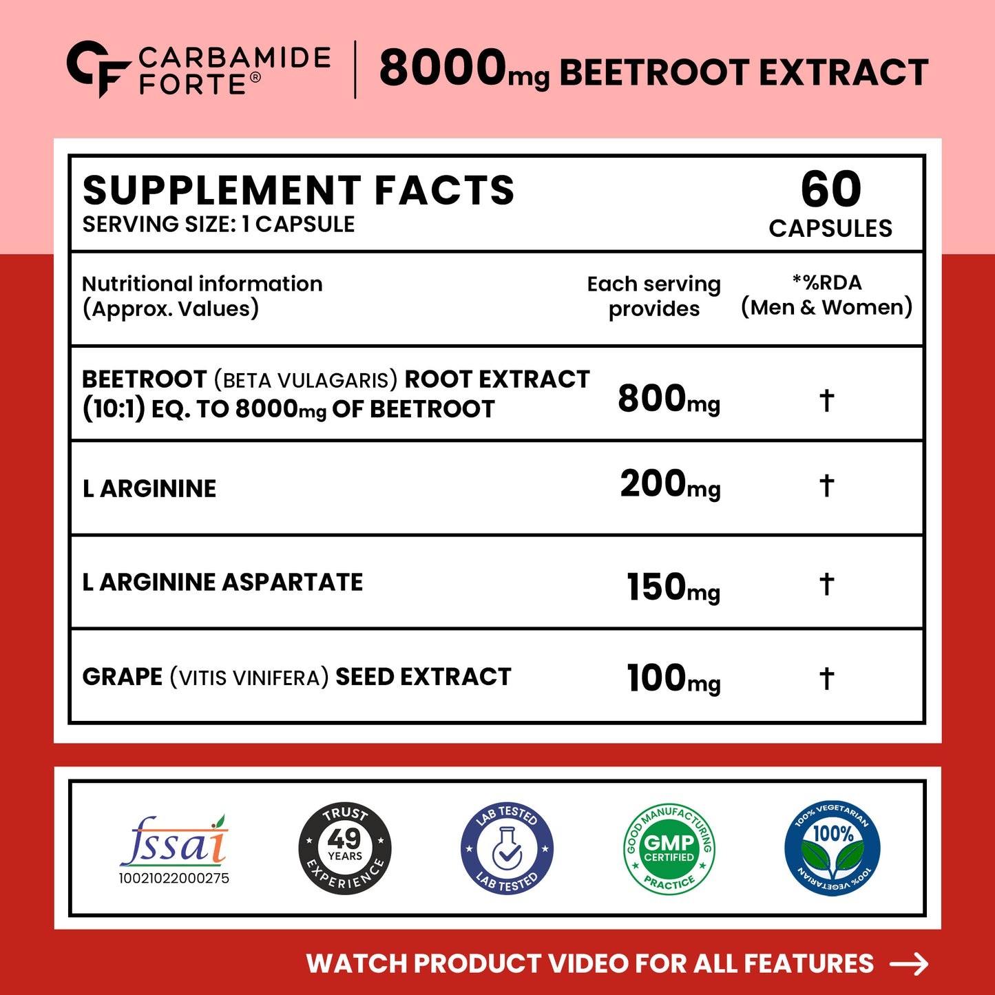 Beetroot Extract Capsules with L-Arginine & Grape Seed | 60 Capsules