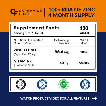 Zinc Citrate with Vitamin C – 100% RDA Zinc for Immunity, Skin & Cellular Health | 120 Tablets